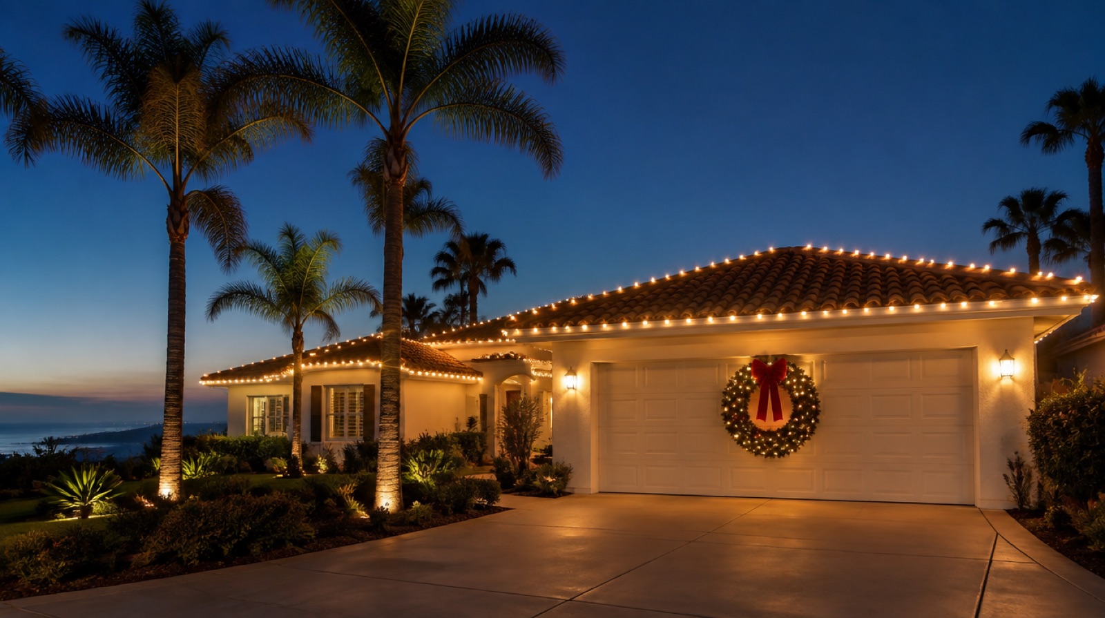 Coastal Southern California home at dusk with warm-white C9 roofline lights and a lit wreath on the double garage
